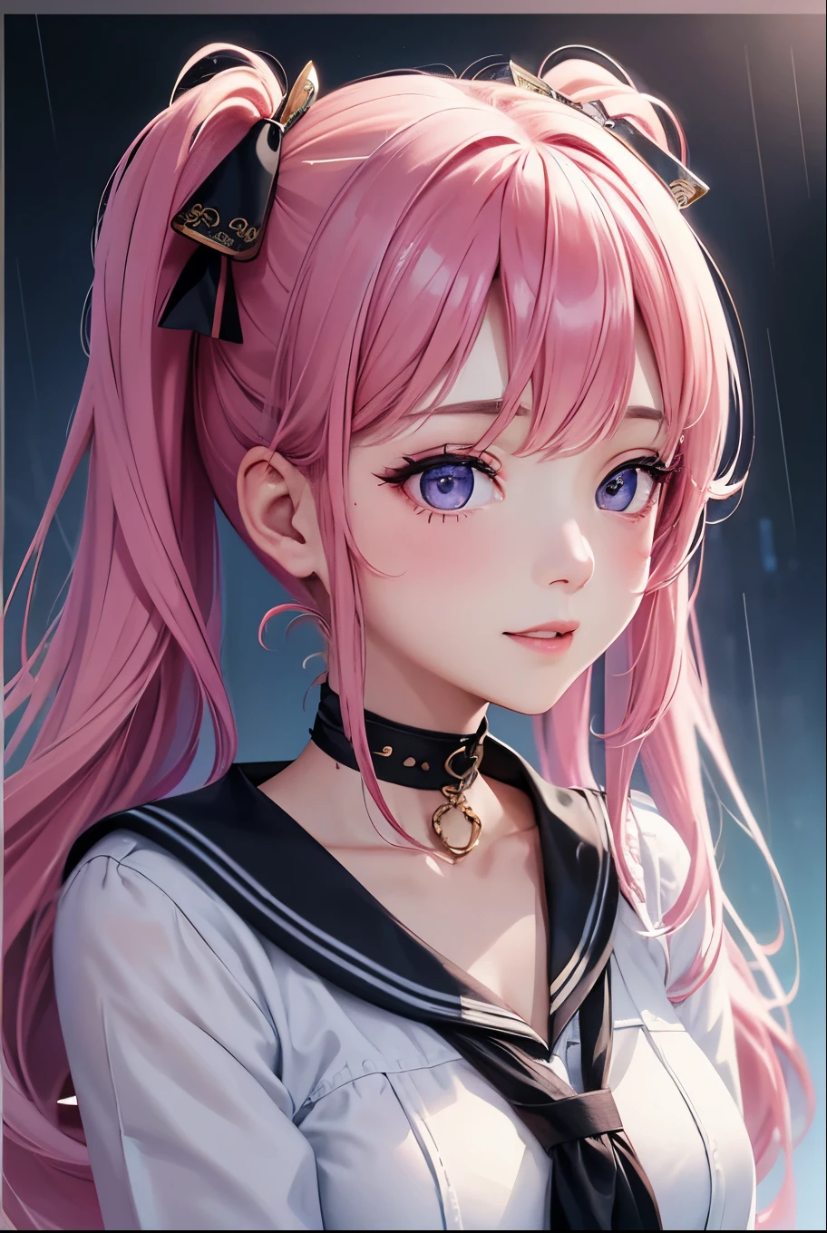 masterpiece, best quality, highly detailed, high resolution, expensive resolution, high resolution, 4k, 8k, uniform 8k wallpaper, highly detailed CG, masterpiece, 2d, 3d, beautiful details, depth, fine texture, best quality: 1.3, perfectly focused, sharp. skin, him, very cute anime girl, her name is Mei, short pigtails, idol, in the rain, expensive pink short pigtails, mole under eye, looking at the viewer, expensive, blush, mole, open lips, pink eyes, heart shaped choker, smiling face