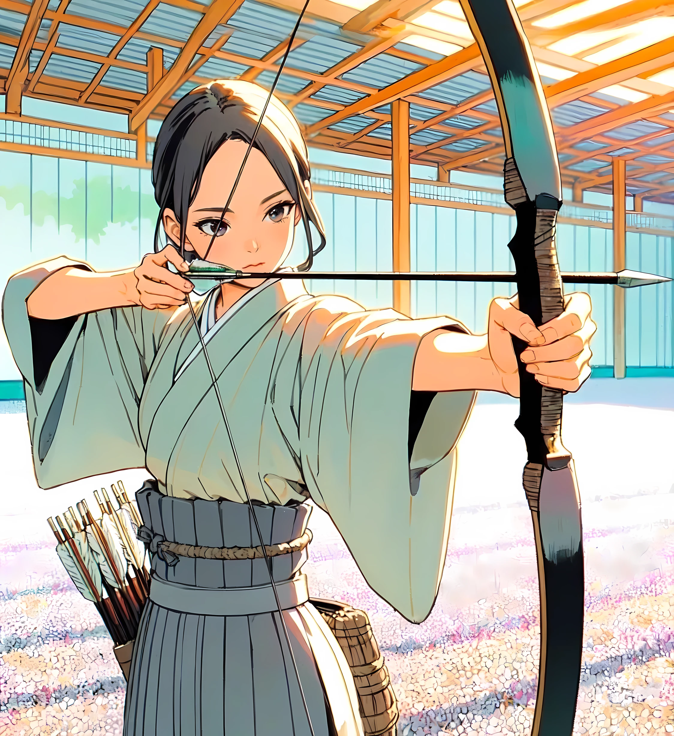 1lady standing, from side, (pulling bowstring to its limits) (holding simple black bow), (beige kimono) (gray hakama), chest protecter, (mature female:0.8), /(dark gray hair/) bangs, (light smile:0.4), dignified, facing away, (masterpiece best quality:1.2) delicate illustration ultra-detailed, medium breasts BREAK (serene archery dojo) outdoors, (floor filled with (gravel)), Kyudo, Japan, noon, detailed background