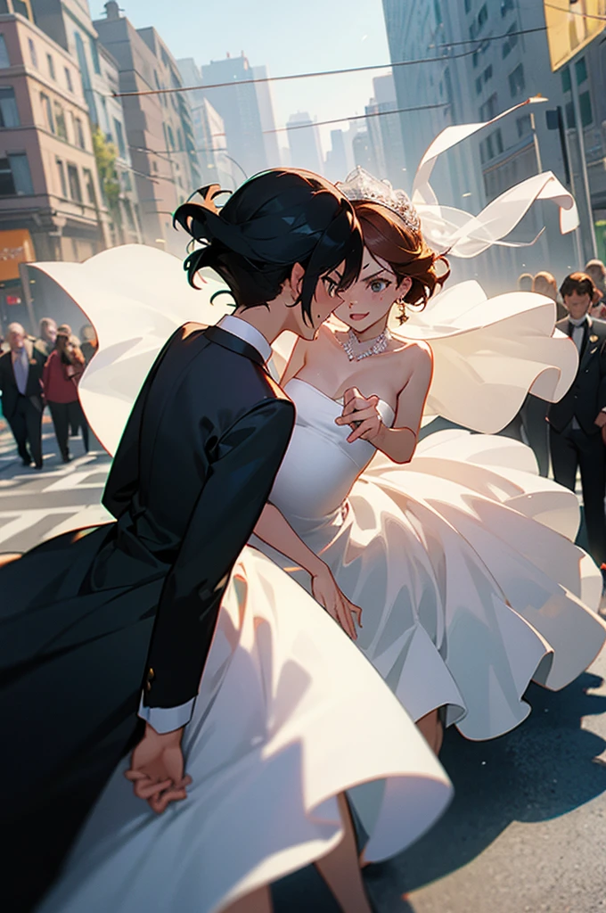There are two women. One woman is in a wedding dress carrying the other woman who is pregnant. They are both trying to get away from an angry mob. 