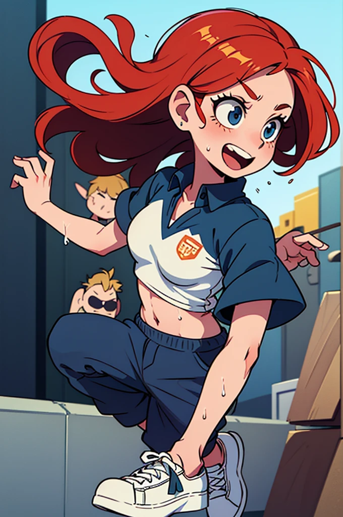 popart style,flat color,Dance,Artistic jump,break dance,Strenuous movements,vibrancy,dance stage is wet,solo,Fluttering hair,Cute Baby,a small face,hason,16yo,Bright smile,half-open mouth,(navy hair,wavy short hair),(Cropped cargo pants,white Tee,platform sneakers),(delicate detailed fingers,Detailed body,detailed arms,human hand),(beautiful Detailed face),dynamic pose,