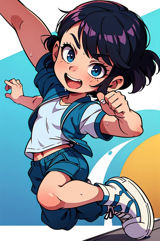 (superflat, flat shading, flat colors), girls, petite, loli, school uniform, (children's print panties), squatting, sneakers, geometric background white yellow blue, smile, fun, vibrant colors, watercolor