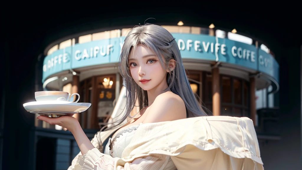 girl, beautiful face, side view, high detailed real eye, beautiful pupil, double eyelid, silver color hair, high detailed real skin, high quality skin, beautiful skin, masterpiece, have a cup of coffee.
she is having coffee at a cafe.Stylish beach cafe smile
