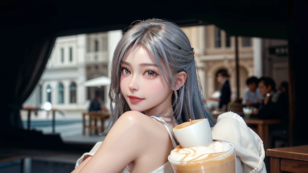 girl, beautiful face, side view, high detailed real eye, beautiful pupil, double eyelid, silver color hair, high detailed real skin, high quality skin, beautiful skin, masterpiece, have a cup of coffee.
she is having coffee at a cafe.Stylish beach cafe smile