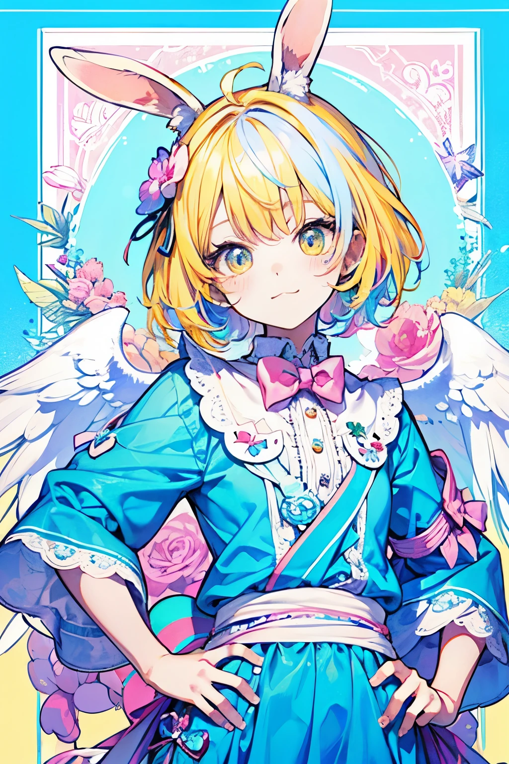 chibi character,Rabbit motif,(brush),((cute,kawaii,wonderland)),((pastel color)),((Cute assortment)),(proud face),Shiny yellow hair,(Rainbow),((Angel:1.2)),((Put your hands on your hips:1.25)),Top view