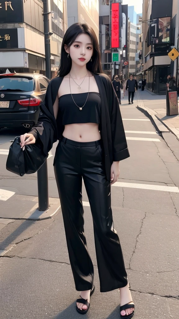 Beautiful Japanese girl wearing a black robe jacket wearing a black shirt and black trousers wearing sandals and a black chopper necklace, showing off her slim stomach, black hair, photo in the city (masterpiece) 8k