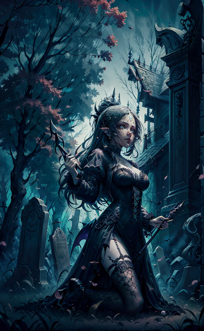 Gothic vampire girl, black gothic clothes, sexy in the cemetery, she is holding a spear, fully body, movement pose