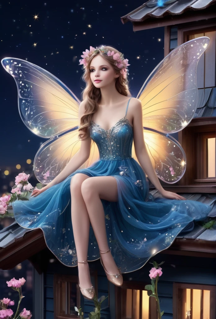 Beautiful fairy gracefully sitting on the roof ((high quality)), beautiful night, sparkling flowers,delicate details, refined details