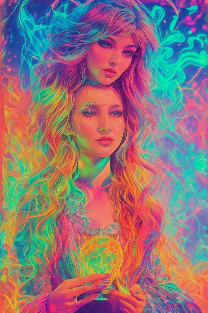 A beautiful woman drinking from a glowing, magical chalice with a fascinated expression, starting to hallucinate with colorful, surreal visions around her, 70s psychedelic, neon synthwave