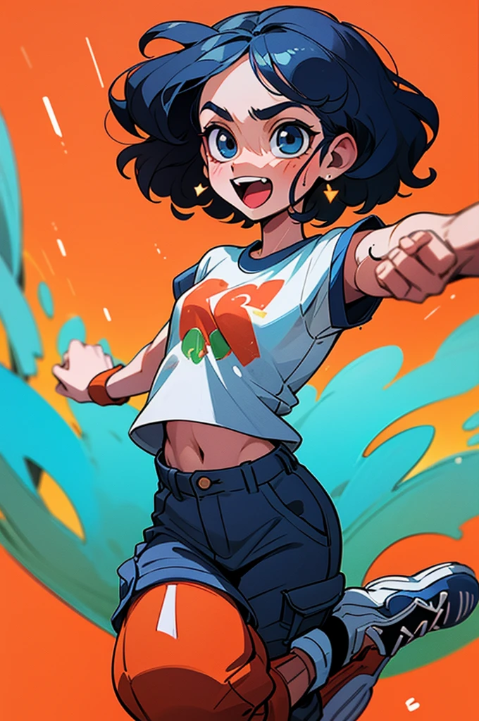 popart style,flat color,Dance,Artistic jump,break dance,Strenuous movements,vibrancy,dance stage is wet,solo,Fluttering hair,Cute Baby,a small face,hason,16yo,Bright smile,half-open mouth,(navy hair,wavy short hair),(Cropped cargo pants,white Tee,platform sneakers),(delicate detailed fingers,Detailed body,detailed arms,human hand),(beautiful Detailed face),dynamic pose,