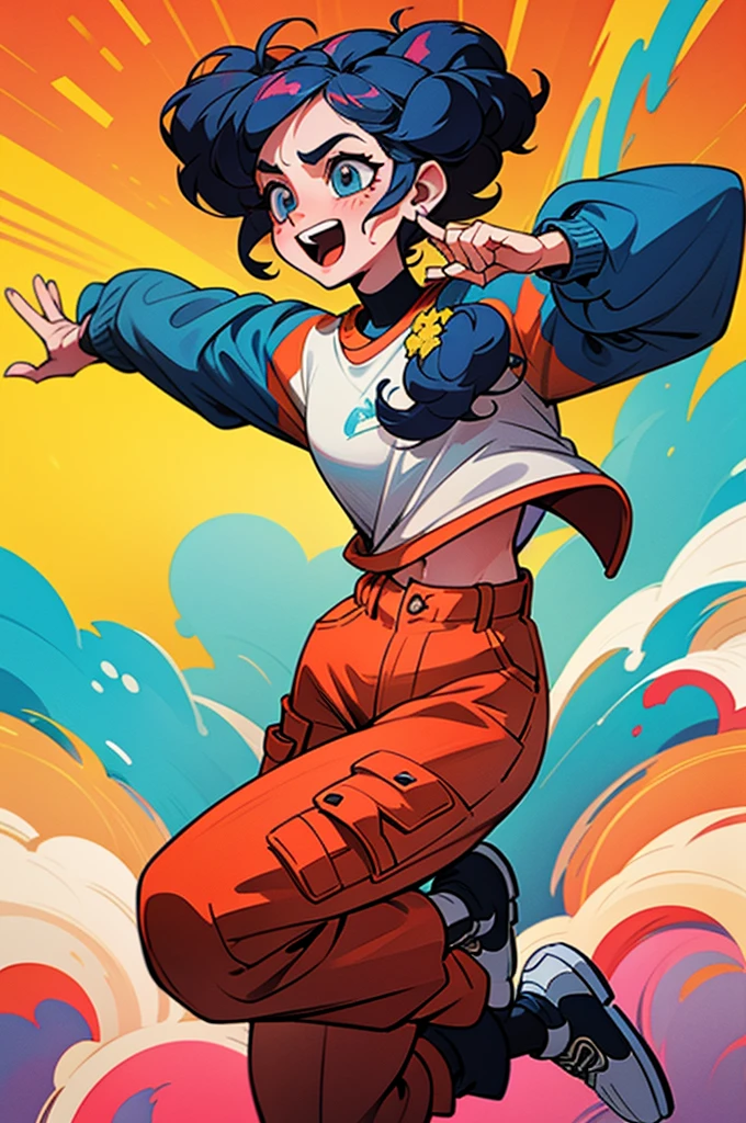 popart style,flat color,Dance,Artistic jump,break dance,Strenuous movements,vibrancy,dance stage is wet,solo,Fluttering hair,,a small face,hason,16yo,Brig smile,half-open mouth,(navy hair,wavy short hair),(Cropped cargo pants,white Tee,platform sneakers),(delicate detailed fingers,Detailed body,detailed arms,human hand),(beautiful Detailed face),dynamic pose,