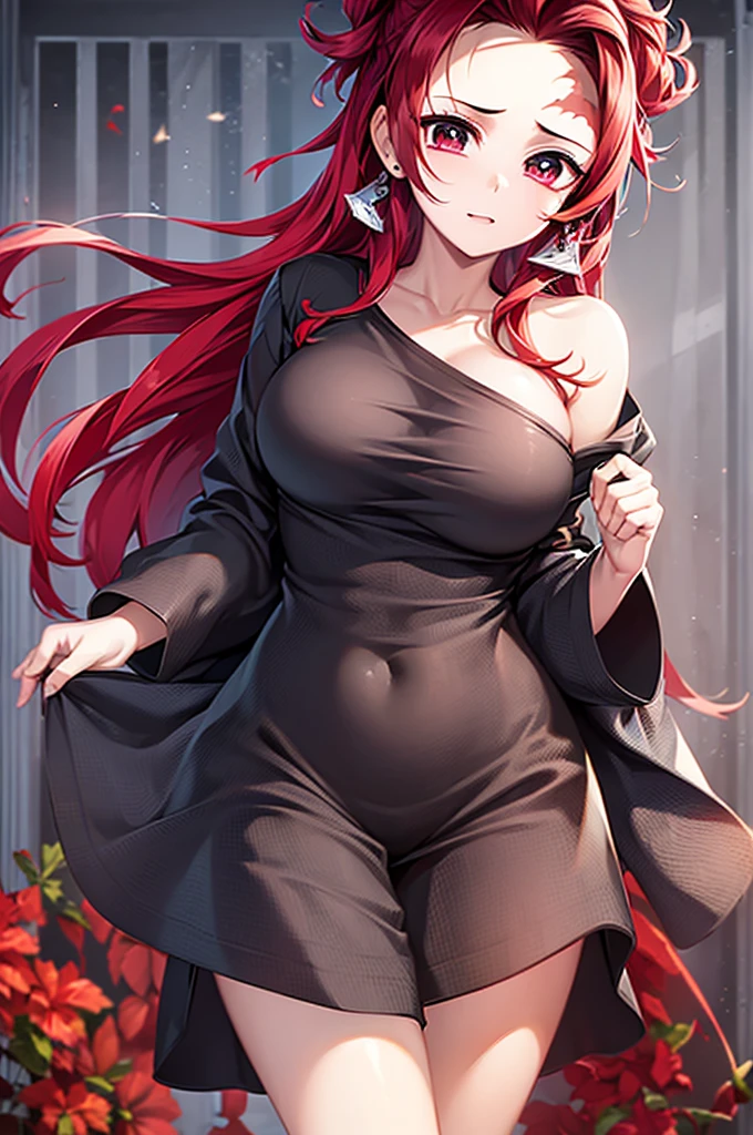 (masterpiece), best quality, expressive eyes, perfect face, highres, (female1.5), 1 girl, solo,(Tanjiro), (OriginalOutfit), (Scar,Scar on forehead, Checkered Clothes, 1Girl, Red Hair), (long red hair),(black and green plaid coat),(black pants), fantasy background, standing, upper body portrait, looking at the viewer,