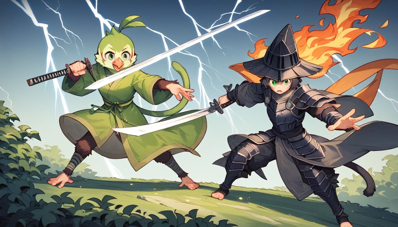 ((four characters)), (cat knight, black armor, holding a sword surrounded by flames), (monkey martial artist, striking a fighting pose with lightning fists), (bush dog samurai, black armor, holding a Japanese sword in each hand), (green parrot wizard, wizard's hat and robe, wand in each hand, with a purple magic circle coming out of the tip of his wand). ), in dungeon, twilight, 4K, 3dcg, sparks flying, high resolution, masterpiece, high quality, super detailed, ultra detailed, ultra realistic, fantasy world, dragon quest like world, medieval european world, drone with top angle, 3d fluffy, cute big round reflective eyes, Pixar rendering, Unreal Cinematic Smooth Engine, elaborate detail, Unreal