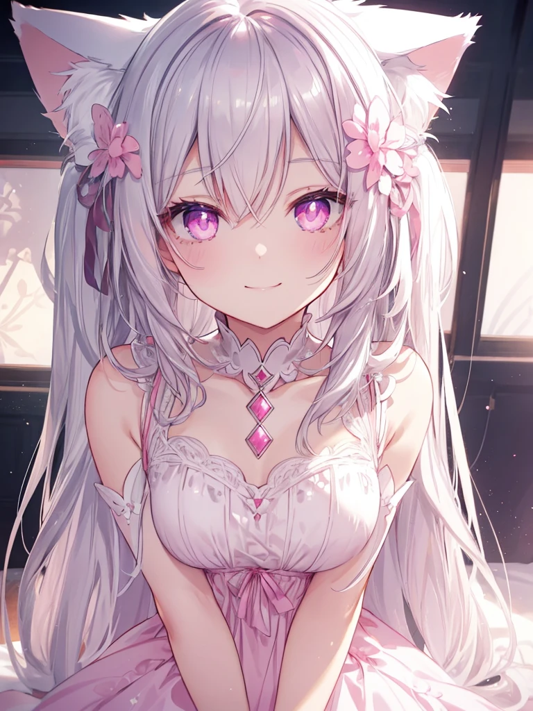 Highly detailed face,fine grain,Sparkling eyes,Highlighted eyes,Medium chest,pretty girl, smile,Longing eyes,Cat ear, Beautiful silver hair,Pink inside,Beautiful pink eyes,White dress