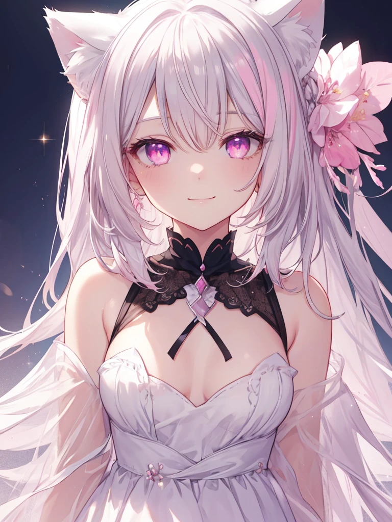 Highly detailed face,fine grain,Sparkling eyes,Highlighted eyes,Medium chest,pretty girl, smile,Longing eyes,Cat ear, Beautiful silver hair,Pink inside,Beautiful pink eyes,White dress