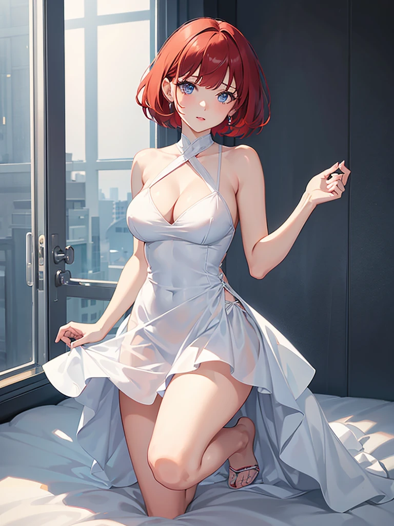 Caucasian female, short hair with bangs, your hair is red, Your eyes are blue, is wearing a short white dress, with cleavage on the breast, the dress is half transparent , is jumping on the bed 