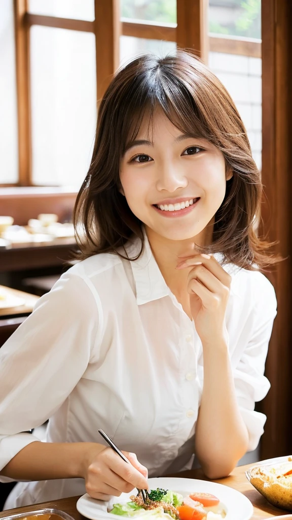 25 years old, Japanese woman, beautiful, smiling, eating lunch, white shirt, ((medium hair)), cool appearance, mature atmosphere, sexy