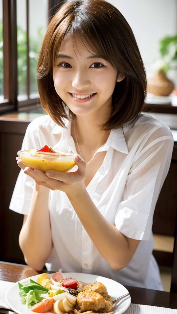 25 years old, Japanese woman, beautiful, smiling, eating lunch, white shirt, ((medium hair)), cool appearance, mature atmosphere, sexy