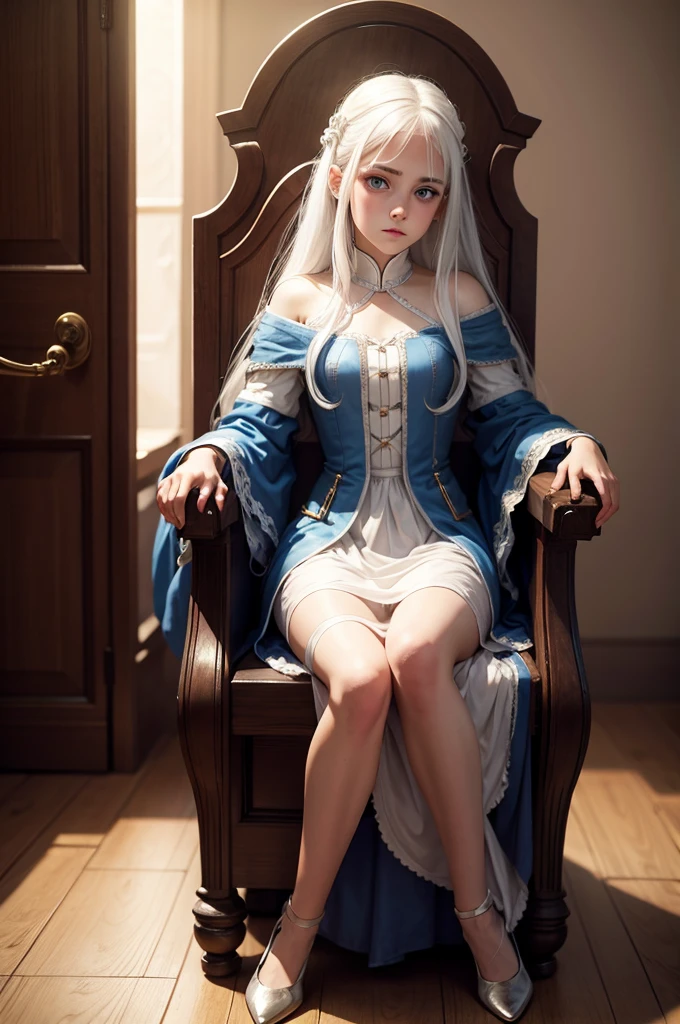young girl with white hair, white skin and light eyes, as a princess, Sits on the throne. Picture in cool colors. Girl sitting sad, but with an empty look