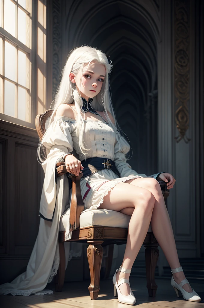 young girl with white hair, white skin and light eyes, as a princess, Sits on the throne. Picture in cool colors. Girl sitting sad, but with an empty look