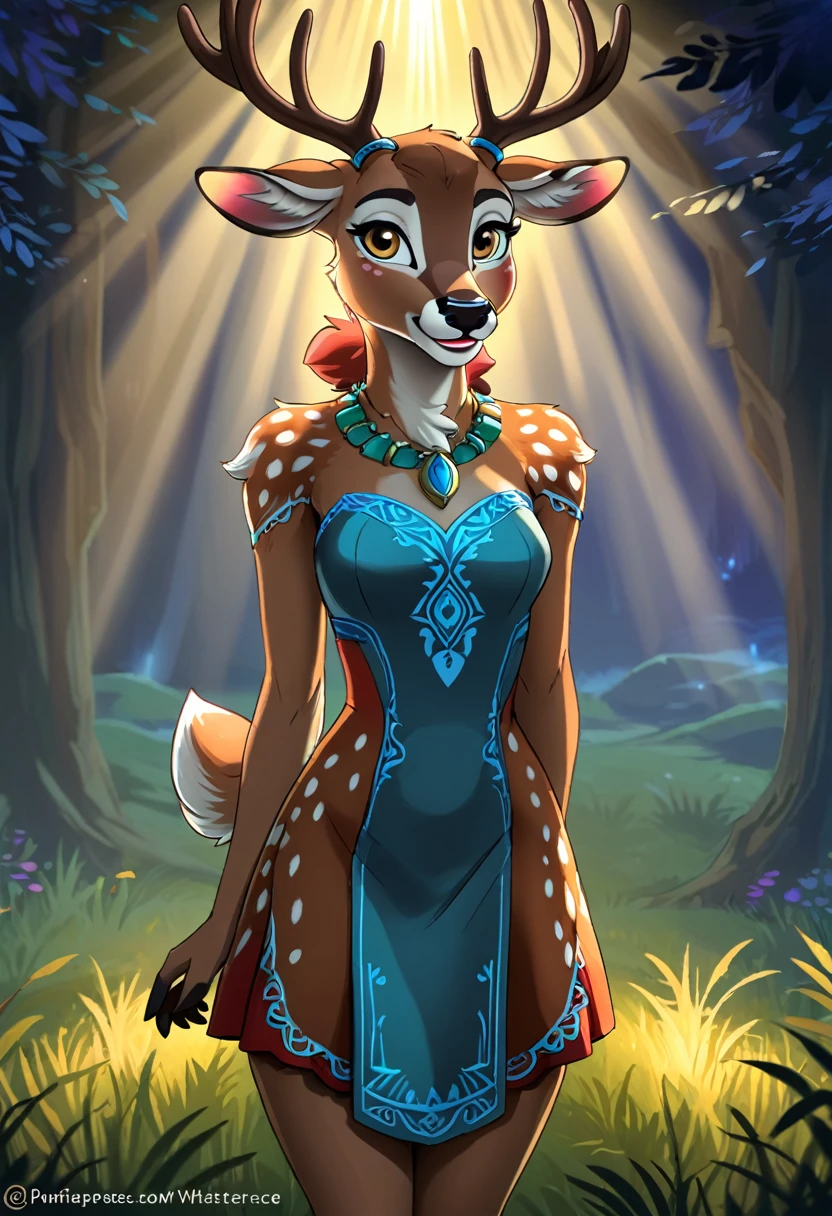 Create an illustrated, hand-drawn, full-color image of an anthropomorphic deer women. The artwork should be rendered in the style of "Breath of the Wild," featuring warm lighting and shadows. Include graphite shading, stencil marks, and airbrushed acrylic paint effects. The image should be of the highest quality, a masterpiece with intricate details. The deer women should have a female, humanoid, furry appearance with grey skin. She should have luscious lips, a wide smile, and bright, expressive eyes, exuding beauty, cuteness, and adorableness. Ensure the image is high resolution and sharply detailed, with a detailed and vibrant background. Incorporate mystical lighting in the background, creating a romantic and enchanting atmosphere.
