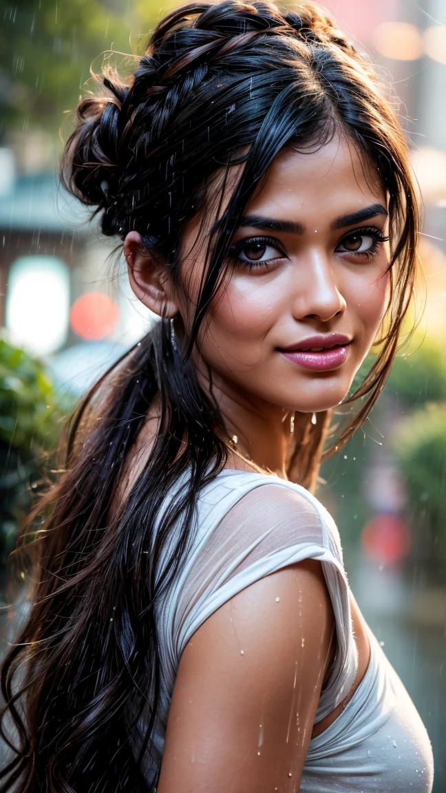 A masterpiece! A stunning Indian girl, her disheveled hair a testament to the torrential rain that surrounds her. Beautiful, detailed eyes sparkle with joy as she gazes directly at the viewer, her long locks tied back in a neat bun. She wears a casual t-shirt, slightly transparent from the wetness, and her medium-round breasts are subtly visible beneath. In a side pose, she revels in the heavy rain shower, her big cheeks flushed with happiness. The street background is a blurred Bokeh, while raindrops glisten on her skin, capturing the essence of a carefree rainy day.rain drops,paid girl , heavy rain, slightly show half nipple , very sexy (conveying love to boy friend) flowers on head 