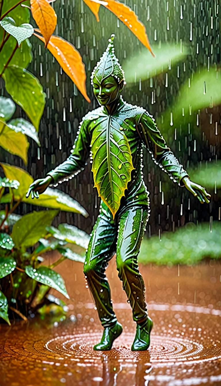 A leaf man is dancing in the rain, his body composed of
leaf with delicate veins and dewdrops glistening on them.
He gracefully twirls through the wet ground, creating an
enchanting scene that captures attention. The imagery is
nature-inspired with a blurred background and water
drops, conveying a naturalistic aesthetic in the style of
terracotta