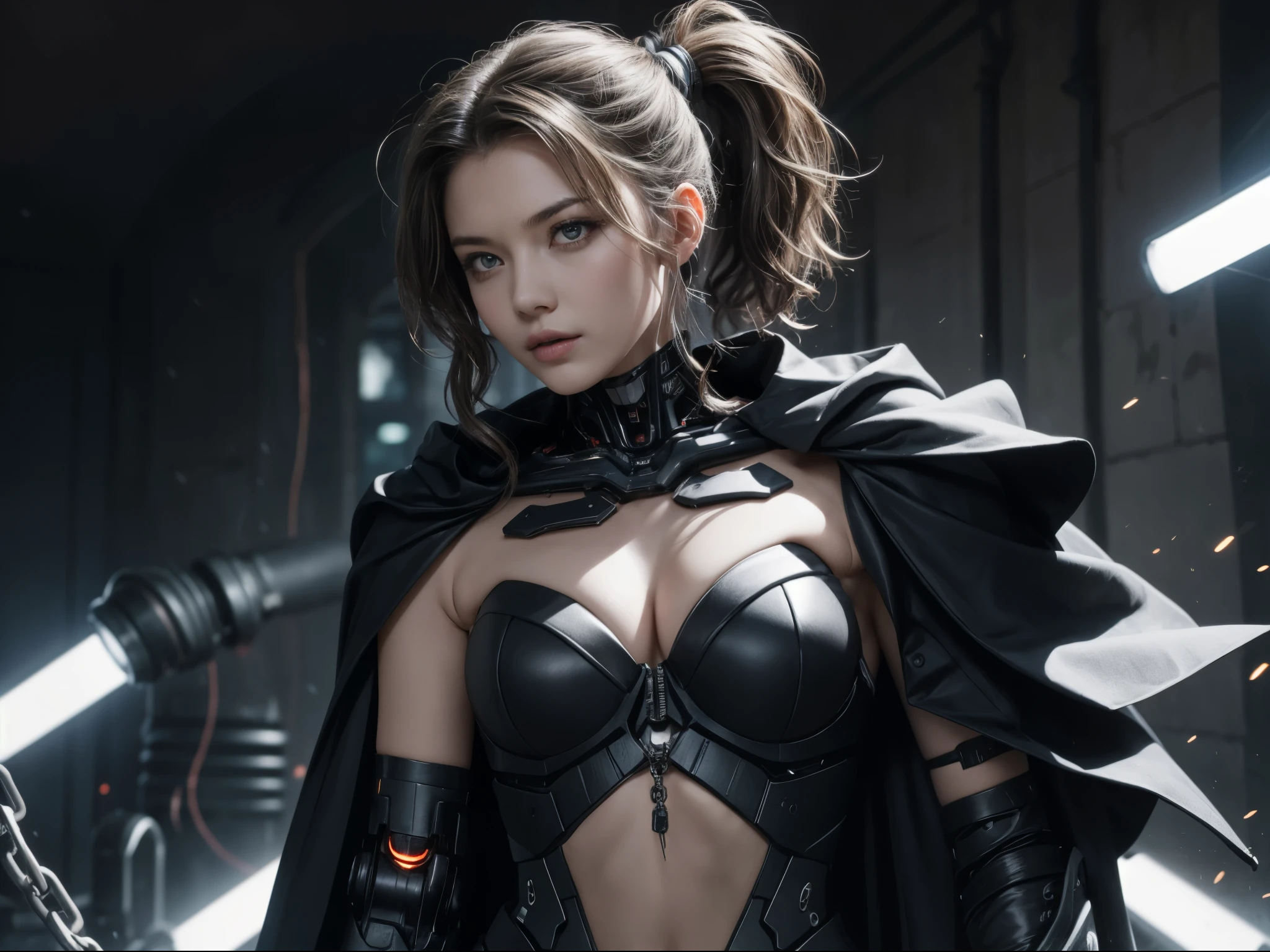 1girl, (solo:1.2), wearing detailed strapless cyborg suit, detailed hair, short curly hair, detailed face, looking at viewer, shoulder, cleavage, bright led light in the suit, blend of dark cyberpunk theme and medieval era, gray hair, ponytail, one eye covered, black clothes, dark cape, chains, sea of blood, white electricity emanating from his body, black electricity emanating from his hand, thunderous lightning, (medium long shot:1.4), (, cute:1.3), (breasts:1.2),