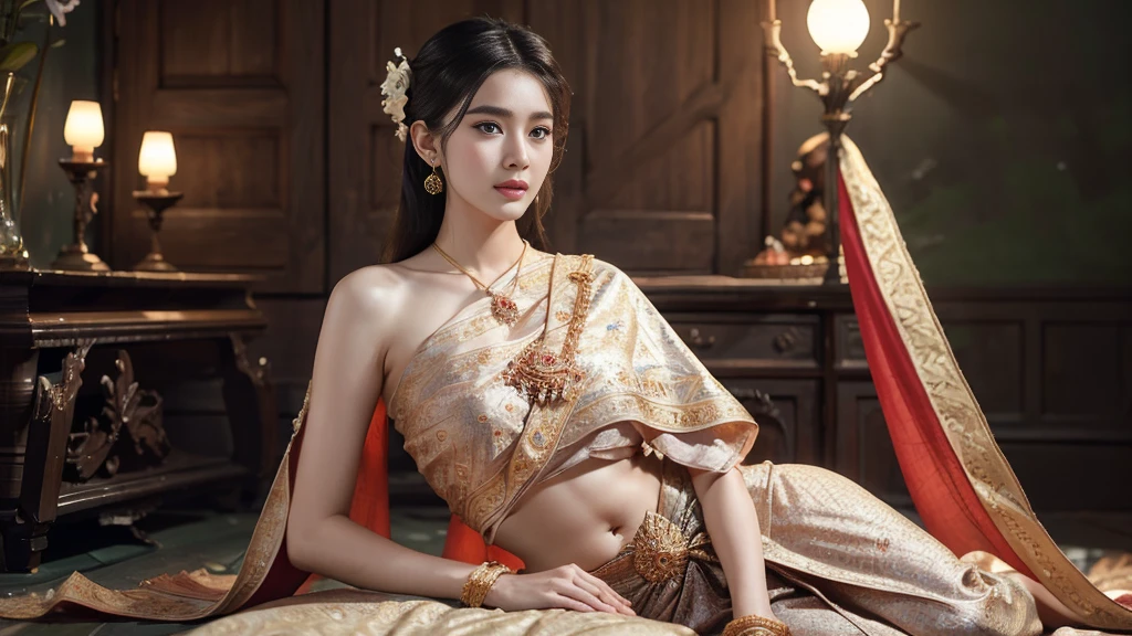 (raw photos:1.2), (realistic:1.4), (Masterpiece:1.3), (best quality:1.4), Ultra high resolution, (Detailed eyes), (Detailed facial features), (Detailed clothing features), HDR, 8k resolution, Focus only, Dressing according to Thai tradition, Traditional shawl , 1 woman , big breasts, A gigantic rift, big breastsดันเสื้อผ้า, big breast, The breasts will fully grow..., Make your breasts bigger.., small waist, Long legs, Facing the audience, full body, depth of field, Cinema-grade lighting system, big breasts, Too big for your body, Revealing a flat stomach, The lower half of the chest can be seen..., Sexy sitting posture, Pictures from eye-catching angles, Correct picture elements, The picture is complete.,