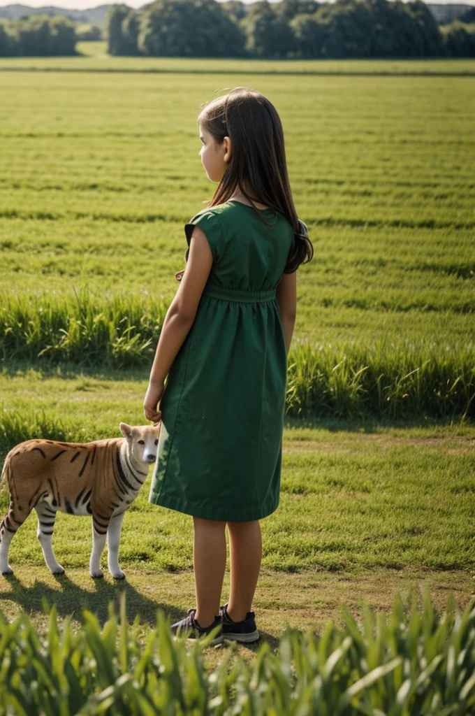 A girl looking at a green field with animals