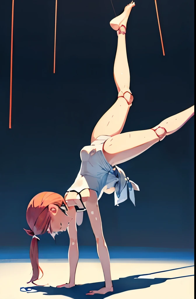 A Female mature robot exposes her inside mechanical organ. she wears white one-piece. Her Brown very short pigtails is tied with two big red clothespins, masterpiece, mature, android, blue eyes, full body, Height: 160cm, flushed cheeks, Uplifting, No NSFW, whole body, barefoot, archaic smile, getting orgasm, sweat bucket. full body shot, floating hair, looking straight. multiple girls. robot made of naked equipment, Japanese 2000's animation style. A middle-aged android with blue eyes. Her brown short pigtails are very short and tied with two big red clothespins. She has archaic smile. She is still under construction. She wears short pale ware. She can do a handstand. She looks over heated. her legs up.