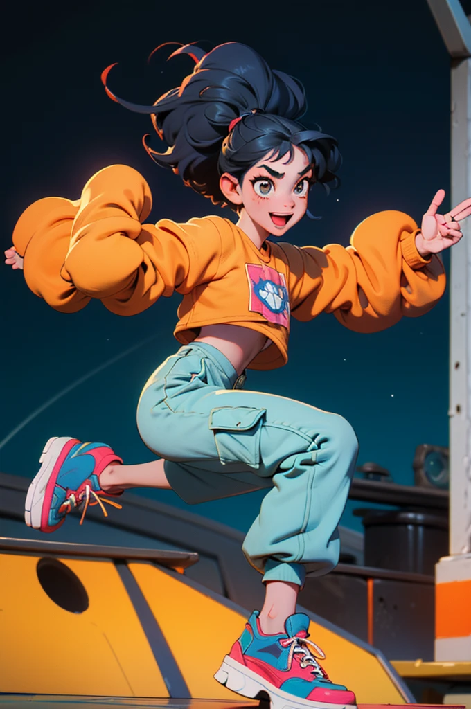 popart style,flat color,Dance,Artistic jump,break dance,Strenuous movements,vibrancy,dance stage is wet,solo,Fluttering hair,Cute Baby,a small face,hason,16yo,Bright smile,half-open mouth,(navy hair,wavy short hair),(Cropped cargo pants,white Tee,platform sneakers),(delicate detailed fingers,Detailed body,detailed arms,human hand),(beautiful Detailed face),dynamic pose,