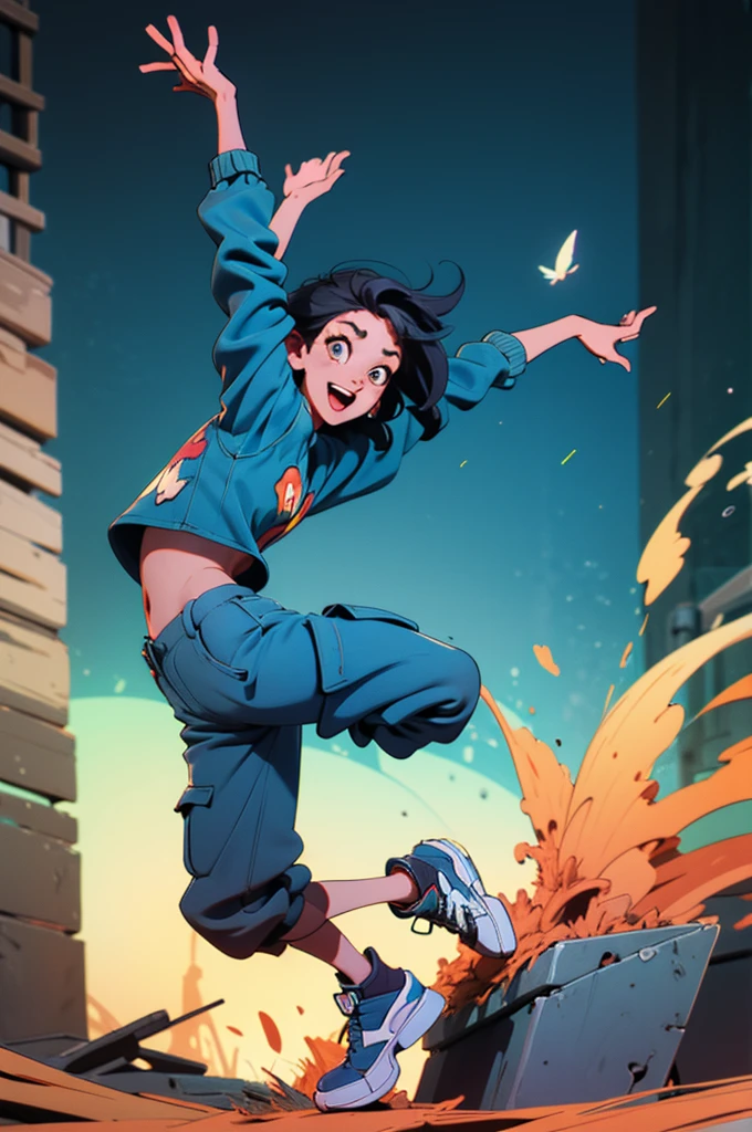 popart style,flat color,Dance,Artistic jump,break dance,Strenuous movements,vibrancy,dance stage is wet,solo,Fluttering hair,,a small face,hason,16yo,Brig smile,half-open mouth,(navy hair,wavy short hair),(Cropped cargo pants,white Tee,platform sneakers),(delicate detailed fingers,Detailed body,detailed arms,human hand),(beautiful Detailed face),dynamic pose,