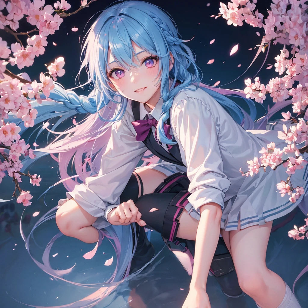 Sky blue hair, (Braided Ponytail),(Pink Eyes),Fair skin ,whole body,(1 Girl),Smile,spring, cherry blossoms, Knee-high socks for school, blazer, Straight bangs,(masterpiece, Highest quality, Super detailed, Best Shadow), (Detailed Background), (Beautifully detailed face), High Contrast, (Best lighting, Very delicate and beautiful), ((Cinematic Light)), colorful, Hyper Detail, Dramatic Light, Intricate details,sunshine,Leaning forward,