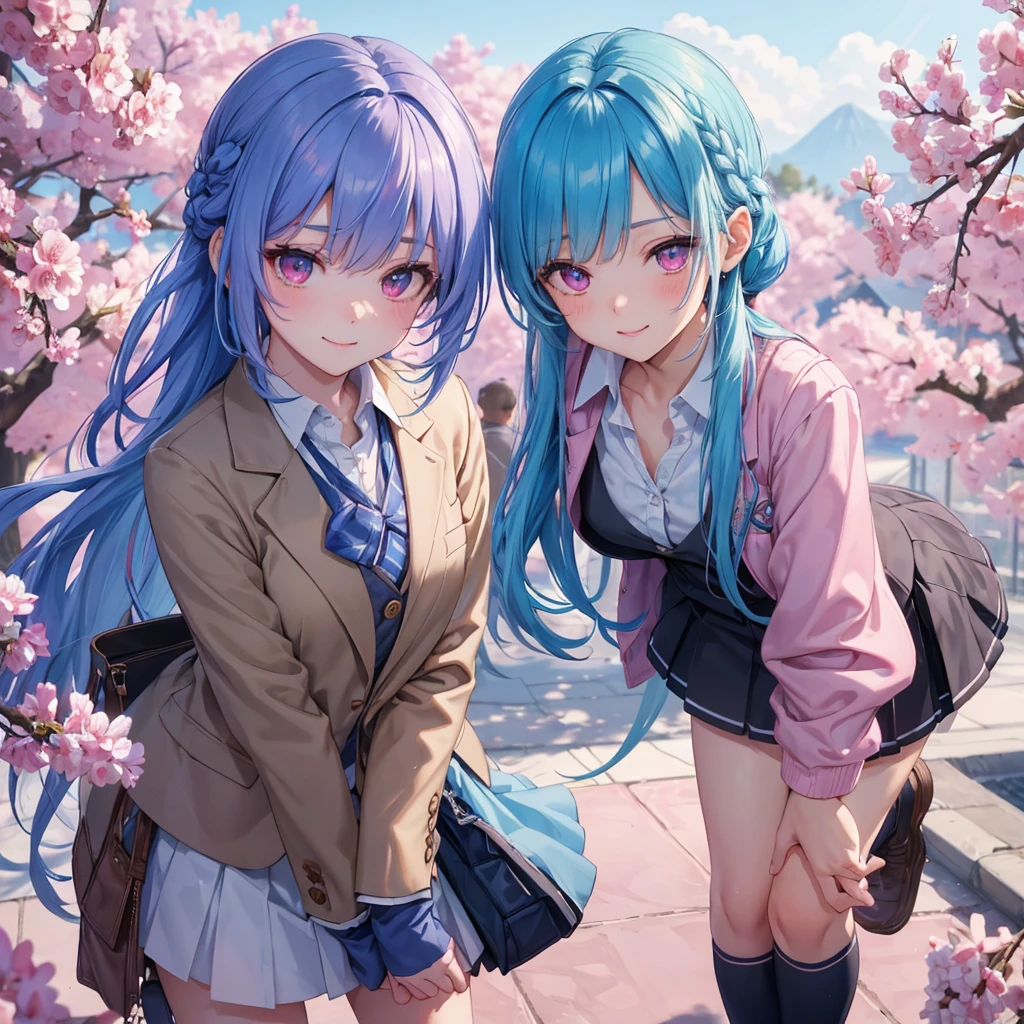 Sky blue hair, (Braided Ponytail),(Pink Eyes),Fair skin ,whole body,(1 Girl),Smile,spring, cherry blossoms, Knee-high socks for school, blazer, Straight bangs,(masterpiece, Highest quality, Super detailed, Best Shadow), (Detailed Background), (Beautifully detailed face), High Contrast, (Best lighting, Very delicate and beautiful), ((Cinematic Light)), colorful, Hyper Detail, Dramatic Light, Intricate details,sunshine,Leaning forward,