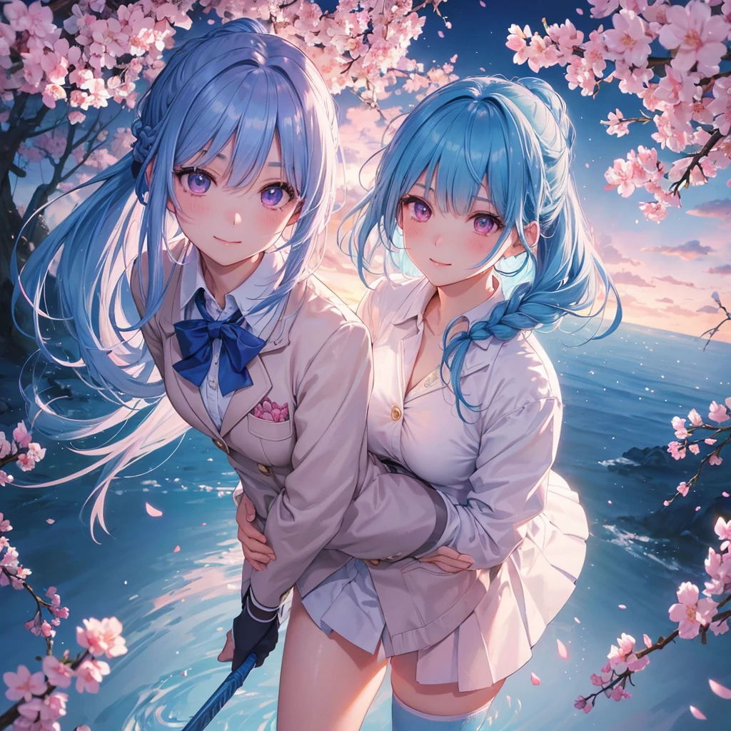 Sky blue hair, (Braided Ponytail),(Pink Eyes),Fair skin ,whole body,(1 Girl),Smile,spring, cherry blossoms, Knee-high socks for school, blazer, Straight bangs,(masterpiece, Highest quality, Super detailed, Best Shadow), (Detailed Background), (Beautifully detailed face), High Contrast, (Best lighting, Very delicate and beautiful), ((Cinematic Light)), colorful, Hyper Detail, Dramatic Light, Intricate details,sunshine,Leaning forward,