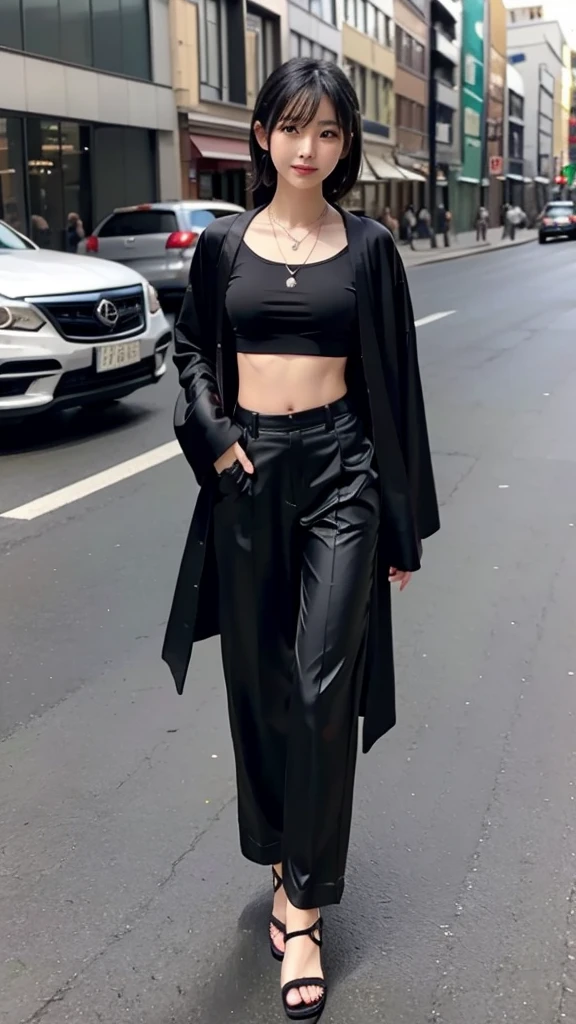 Beautiful Japanese girl wearing a black robe jacket wearing a black shirt and black trousers wearing sandals and a black chopper necklace, showing off her slim stomach, black hair, photo in the city (masterpiece) 8k