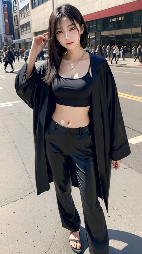 Beautiful Japanese girl wearing a black robe jacket wearing a black shirt and black trousers wearing sandals and a black chopper necklace, showing off her slim stomach, black hair, photo in the city (masterpiece) 8k