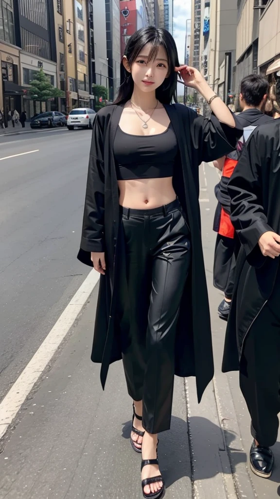 Beautiful Japanese girl wearing a black robe jacket wearing a black shirt and black trousers wearing sandals and a black chopper necklace, showing off her slim stomach, black hair, photo in the city (masterpiece) 8k