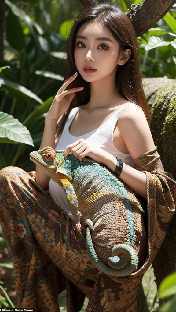 A girl with chameleon-style makeup posing gracefully、It blends in perfectly with the rich texture of Borneo's lush jungle.。, Demonstrate her uncanny ability to adapt to her surroundings. image, Resembles a museum-quality masterpiece, Vibrant colors and intricate details come to life. Every detail is carefully crafted, From the girl's enchanting chameleon-like skin, Perfectly blended with a variety of foliage, Her slender, Agile limbs, Relax on a tree branch々It is stuck at