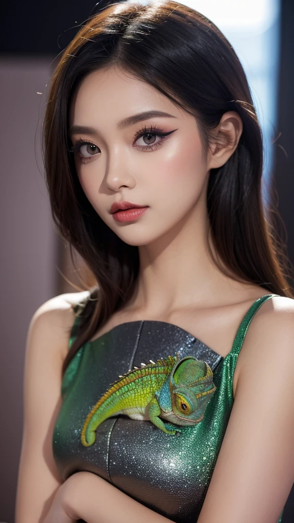 ((Realistic lighting, highest quality, 8k, masterpiece: 1.3)), Clear focus: 1.2, 1 girl, Perfect body beauty: 1.4, Slim Abs: 1.1, ((Dark brown hair, Big Breasts: 1.3)), (Finished with body paint,Body Painting Costume, transparent_Peacock print mandarin dress with deep slit : 1.4), (outside, Night view: 1.1),Chinatown,Yokohama,Body Paint Dresses, whole body, Long legs, Highly detailed face, Fine Eyes, double eyelid