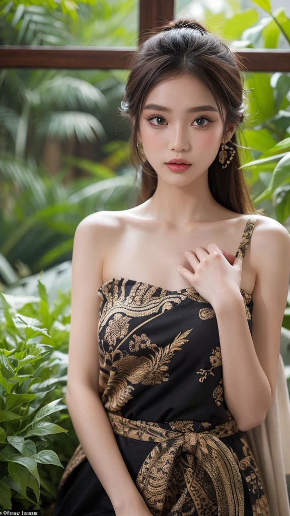 A girl with chameleon-style makeup posing gracefully、It blends in perfectly with the rich texture of Borneo's lush jungle.。, Demonstrate her uncanny ability to adapt to her surroundings. image, Resembles a museum-quality masterpiece, Vibrant colors and intricate details come to life. Every detail is carefully crafted, From the girl's enchanting chameleon-like skin, Perfectly blended with a variety of foliage, Her slender, Agile limbs, Relax on a tree branch々It is stuck at