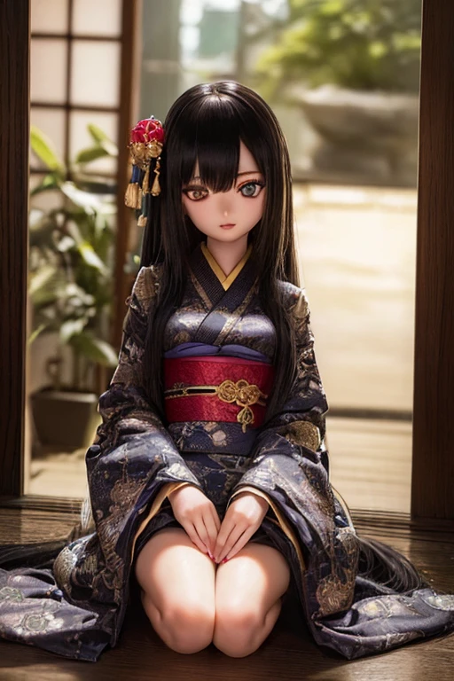 photorealistic, realistic photo, ((highest quality)), ((masterpiece)), (extremely detailed), kukolnydom, doll, (mature woman, 22yo, 22 years old:1.6), solo, ((full body, seiza, next to the window, skinny, slender, slim, parted lips)), green eyes, almond eyes, (black hair, long hair, looking at another, blank eyes, empty eyes, detailed eyes, detailed face:1.3), long kimono, hair ornament, Japanese room, 8k