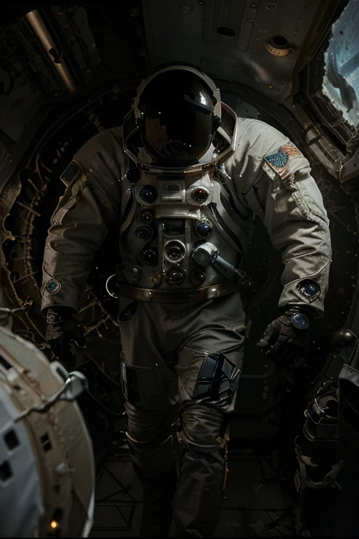 (((he wears an astronaut uniform he is on an uninhabitable planet))), barba,disgusting,60-year-old homens, he walks the moon looking for alien life, In the image we have 2 Astronauts in space uniform piloting a spacecraft, view inside the spacecraft. A humanoid robot is nearby helping.