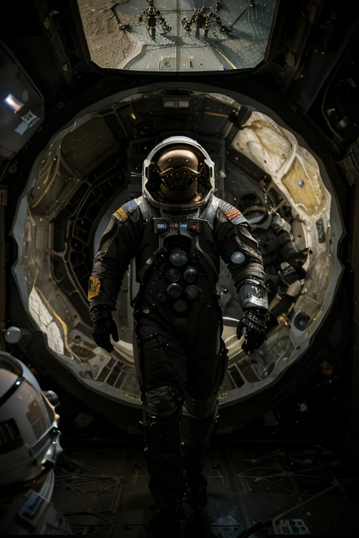 (((he wears an astronaut uniform he is on an uninhabitable planet))), barba,disgusting,60-year-old homens, he walks the moon looking for alien life, In the image we have 2 Astronauts in space uniform piloting a spacecraft, view inside the spacecraft. A humanoid robot is nearby helping.