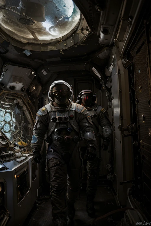 (((he wears an astronaut uniform he is on an uninhabitable planet))), barba,disgusting,60-year-old homens, he walks the moon looking for alien life, In the image we have 2 Astronauts in space uniform piloting a spacecraft, view inside the spacecraft. A humanoid robot is nearby helping.
