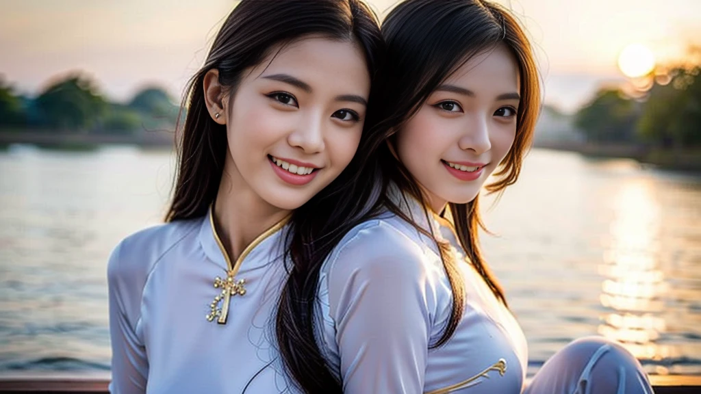 (a beautiful Chinese lady, age 22, wearing Vietnamese traditional dress blue Ao Dai, magnificent Sunset at Vietnam's Mekong River, kind expression, dimpled smile, cute snaggle-tooth,  beautiful detailed face, beautiful detailed eyes, ample round bosom, photorealistic, hyper-realism, high contrast, ultra HD, realistic skin textures, top image quality, top-quality, super high resolution, fine details, very meticulously, masterpiece, head to knees, the Cowboy shot, soothing atmosphere, misty background)