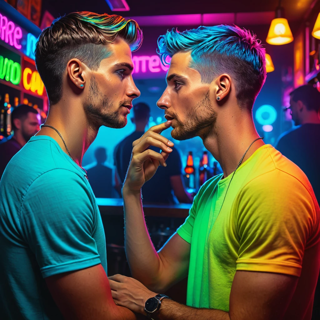 two slim toned young adult men sharing an intimate moment in a busy gay bar, blue eyes, short hair, silhouette, vibrant rainbow neon color, illustration, cartoon, highly detailed, high quality,