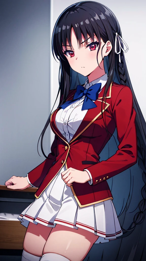 (masterpiece:1.3), (best quality:1.1)(8k, ultra detailed, ultra high res:1.5), ((anime style)), perfect 5 fingers, perfect anatomy,
1girl,
Suzune Horikita,
Suzune Horikita \(youjitsu\),
BREAK long hair, braid, black hair,
red eyes, slant eyes, small eyes,
blue bow, medium breasts,
red blazer, long sleeves, white skirt, pleated skirt, black thigh-high socks,
BREAK looking at viewer, cowboy shot, indoor,