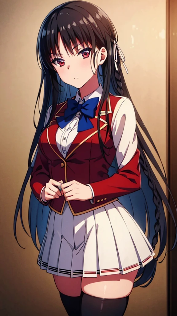 (masterpiece:1.3), (best quality:1.1)(8k, ultra detailed, ultra high res:1.5), ((anime style)), perfect 5 fingers, perfect anatomy,
1girl,
Suzune Horikita,
Suzune Horikita \(youjitsu\),
BREAK long hair, braid, black hair,
red eyes, slant eyes, small eyes,
blue bow, medium breasts,
red blazer, long sleeves, white skirt, pleated skirt, black thigh-high socks,
BREAK looking at viewer, cowboy shot, indoor,