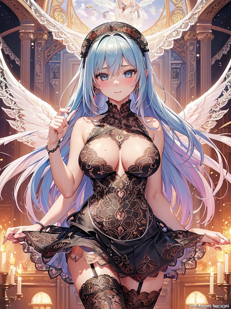((Highest quality)),(Ultra-high resolution),(Very detailed),(Detailed Description),((The best CG)),(A masterpiece),Ultra-detailed art,Amazing painting art,(Works with precise details:1.5), (1 female:1.6),(Beautiful and well-proportioned face:1.5),(Intricately detailed sexy lace dress:2.0),Fine jewellery with exquisite detailing:1.5,Waist Accessories:1.5,Look at me and smile:1.5, (See-through nipples), Angel Girl, (((Magnificent white angel wings on his back:1.2))), Mature Woman,Descended into the church,(Pastel colored hair:1.3),(Red and black long high heel boots:1.4), (garter belt), (stockings)、 (Floating in the sky with magical powers:1.2),(Floating skirt:1.5), (Embarrassed expression, blush:1.2),(bracelet), (Sparkling Eyes)、(full body)、(multiple views)